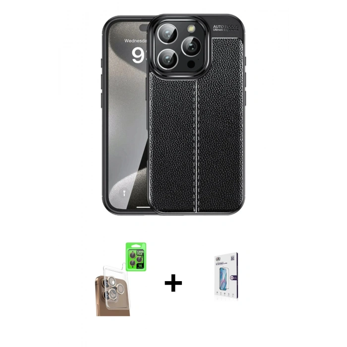 MARSİLYAN™- iPhone 16 Pro Kılıf Doruk Klasik Özel Seri - Siyah Bilvis 0.18mm Plus Cam Ekran Koruyucu + Raze Metal Kamera Lens - CLTM
