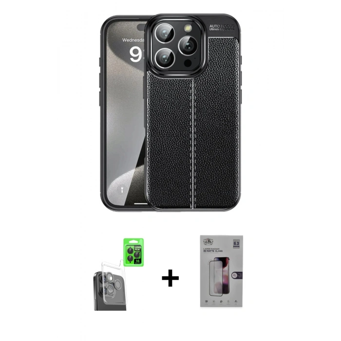 MARSİLYAN™- iPhone 16 Pro Kılıf Doruk Klasik Özel Seri - Siyah Bilvis 3D Mat Cam Ekran Koruyucu + Raze Metal Kamera Lens - SH