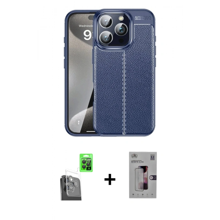 MARSİLYAN™- iPhone 16 Pro Kılıf Doruk Klasik Özel Seri - Siyah Bilvis 3D Mat Cam Ekran Koruyucu + Raze Metal Kamera Lens - SH