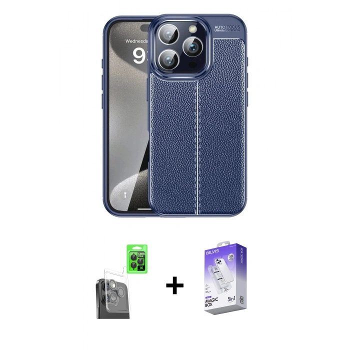 MARSİLYAN™- iPhone 16 Pro Kılıf Doruk Klasik Özel Seri - Siyah Bilvis 5in1 3D Magic Cam Ekran Koruyucu + Siyah Raze Metal Kamera Lens