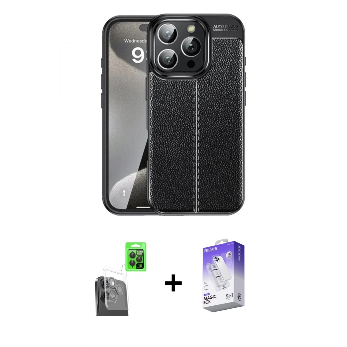 MARSİLYAN™- iPhone 16 Pro Kılıf Doruk Klasik Özel Seri - Siyah Bilvis 5in1 3D Magic Cam Ekran Koruyucu + Siyah Raze Metal Kamera Lens