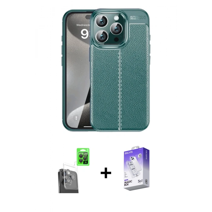 MARSİLYAN™- iPhone 16 Pro Kılıf Doruk Klasik Özel Seri - Siyah Bilvis 5in1 3D Magic Cam Ekran Koruyucu + Siyah Raze Metal Kamera Lens