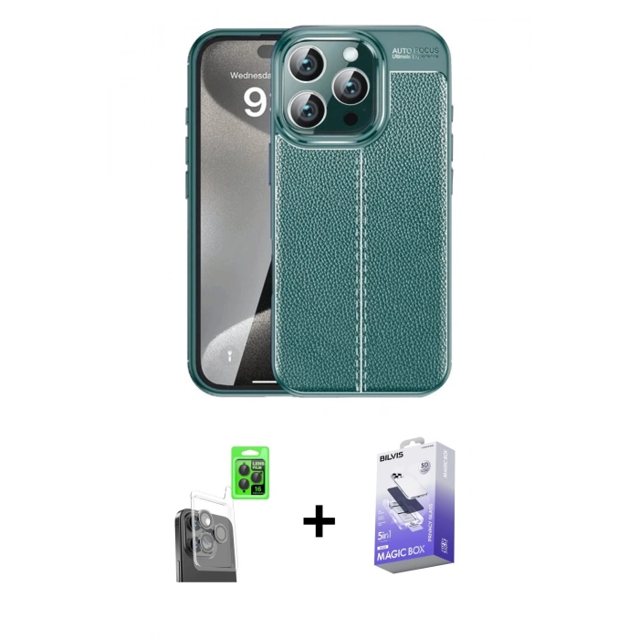 MARSİLYAN™- iPhone 16 Pro Kılıf Doruk Klasik Özel Seri - Siyah Bilvis 5in1 5D Magic Hayalet Cam Ekran Koruyucu + Raze Metal Kamera Lens - SH