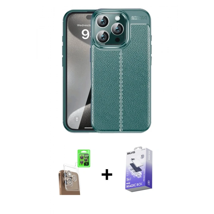 MARSİLYAN™- iPhone 16 Pro Kılıf Doruk Klasik Özel Seri - Siyah Bilvis 5in1 5D Magic Hayalet Cam Ekran Koruyucu + Raze Metal Kamera Lens - CLTM