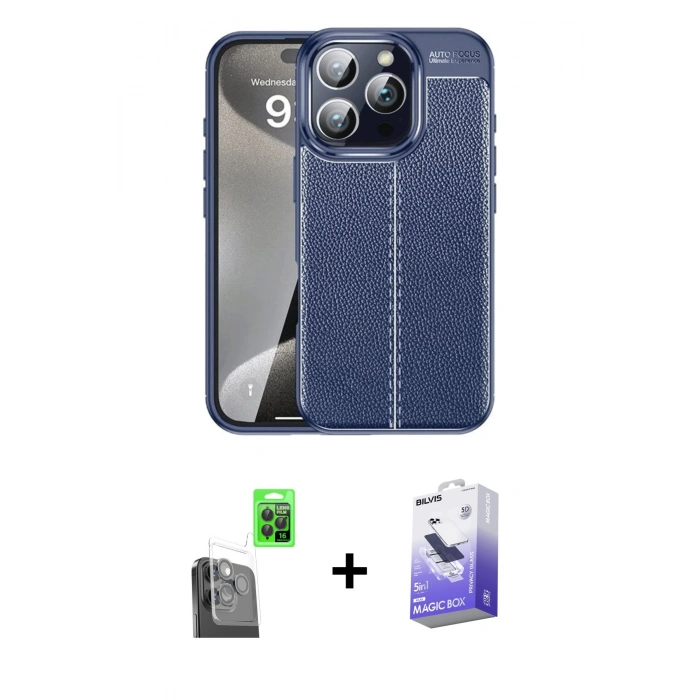 MARSİLYAN™- iPhone 16 Pro Kılıf Doruk Klasik Özel Seri - Siyah Bilvis 5in1 5D Magic Hayalet Cam Ekran Koruyucu + Raze Metal Kamera Lens - SH
