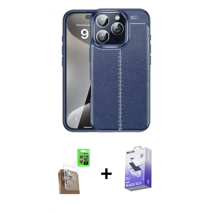 MARSİLYAN™- iPhone 16 Pro Kılıf Doruk Klasik Özel Seri - Siyah Bilvis 5in1 5D Magic Hayalet Cam Ekran Koruyucu + Raze Metal Kamera Lens - CLTM