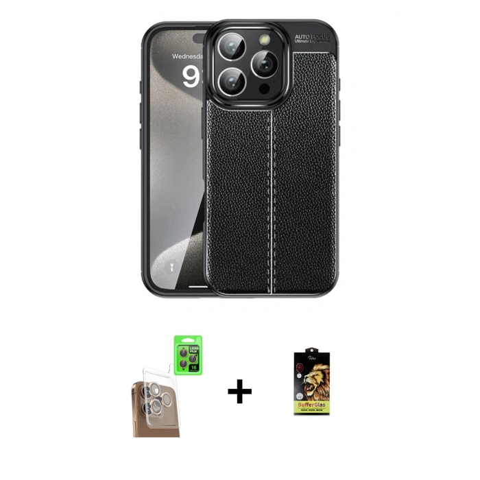 MARSİLYAN™- iPhone 16 Pro Kılıf Doruk Klasik Özel Seri - Siyah Buffer Cam Ekran Koruyucu + Raze Metal Kamera Lens - CLTM
