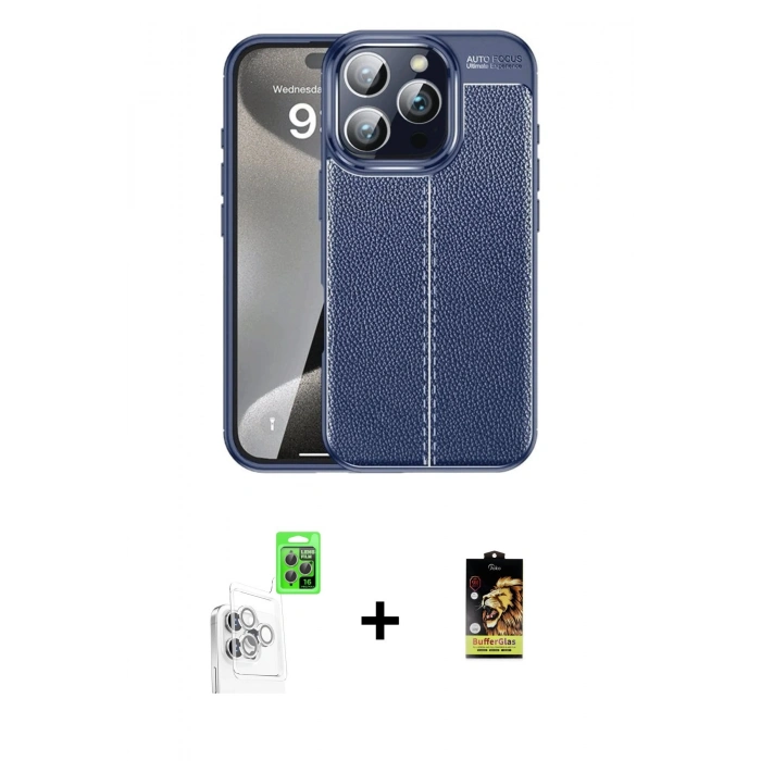 MARSİLYAN™- iPhone 16 Pro Kılıf Doruk Klasik Özel Seri - Siyah Buffer Cam Ekran Koruyucu + Raze Metal Kamera Lens - BZ