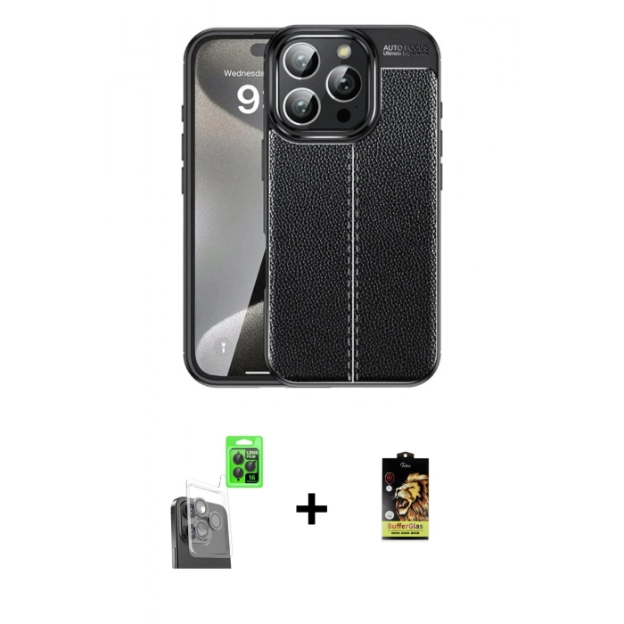 MARSİLYAN™- iPhone 16 Pro Kılıf Doruk Klasik Özel Seri - Siyah Buffer Cam Ekran Koruyucu + Raze Metal Kamera Lens - SH
