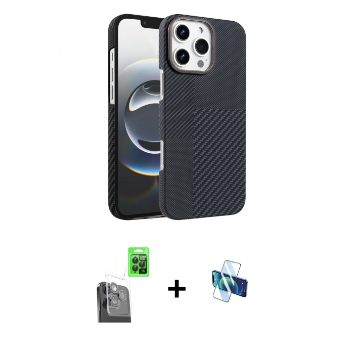 MARSİLYAN™- iPhone 16 Pro Kılıf Doruk Serisi - Siyah 3D Antistatik Seramik Nano Ekran Koruyucu + Raze Metal Kamera Lens - SH