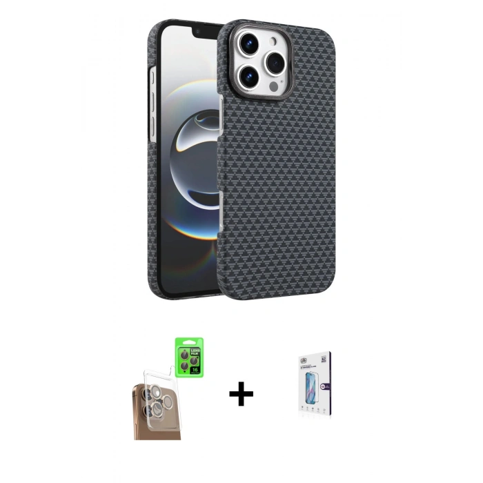 MARSİLYAN™- iPhone 16 Pro Kılıf Doruk Serisi - Siyah Bilvis 0.18mm Plus Cam Ekran Koruyucu + Raze Metal Kamera Lens - CLTM