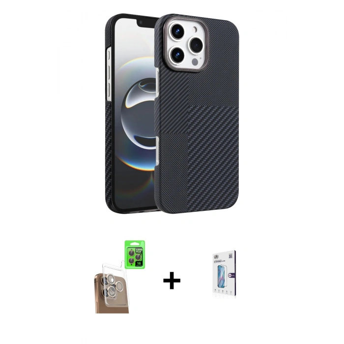 MARSİLYAN™- iPhone 16 Pro Kılıf Doruk Serisi - Siyah Bilvis 0.18mm Plus Cam Ekran Koruyucu + Raze Metal Kamera Lens - CLTM