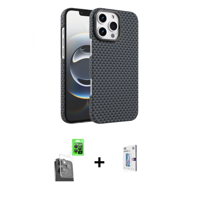 MARSİLYAN™- iPhone 16 Pro Kılıf Doruk Serisi - Siyah Bilvis 0.18mm Plus Cam Ekran Koruyucu + Raze Metal Kamera Lens - SH