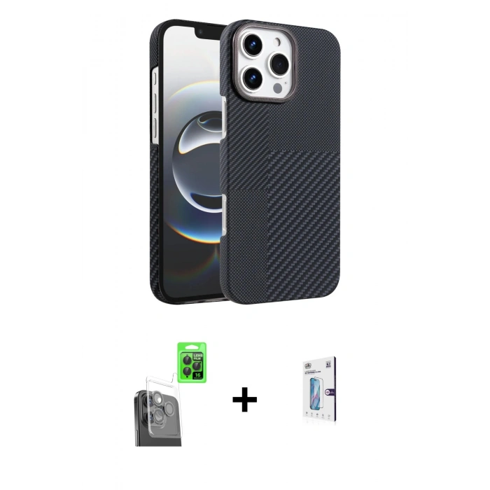 MARSİLYAN™- iPhone 16 Pro Kılıf Doruk Serisi - Siyah Bilvis 0.18mm Plus Cam Ekran Koruyucu + Raze Metal Kamera Lens - SH