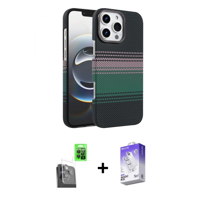 MARSİLYAN™- iPhone 16 Pro Kılıf Doruk Serisi - Siyah Bilvis 5in1 3D Magic Cam Ekran Koruyucu + Raze Metal Kamera Lens - SH