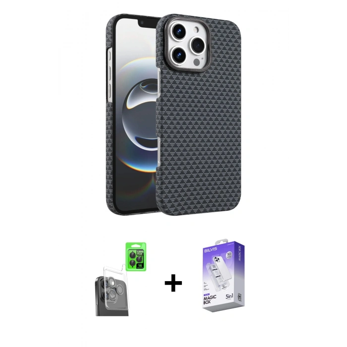 MARSİLYAN™- iPhone 16 Pro Kılıf Doruk Serisi - Siyah Bilvis 5in1 3D Magic Cam Ekran Koruyucu + Raze Metal Kamera Lens - SH