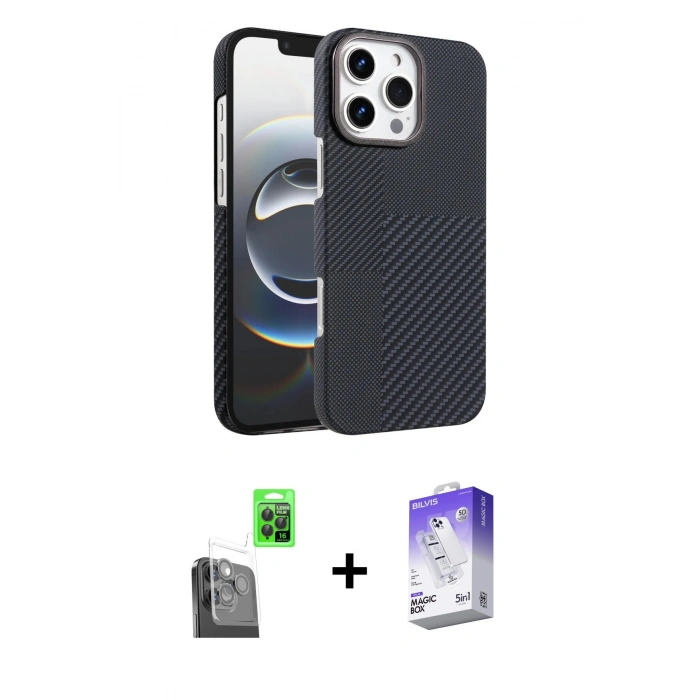 MARSİLYAN™- iPhone 16 Pro Kılıf Doruk Serisi - Siyah Bilvis 5in1 3D Magic Cam Ekran Koruyucu + Raze Metal Kamera Lens - SH
