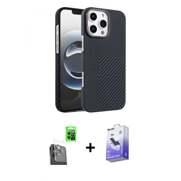 MARSİLYAN™- iPhone 16 Pro Kılıf Doruk Serisi - Siyah Bilvis 5in1 5D Magic Hayalet Cam Ekran Koruyucu + Raze Metal Kamera Lens - SH