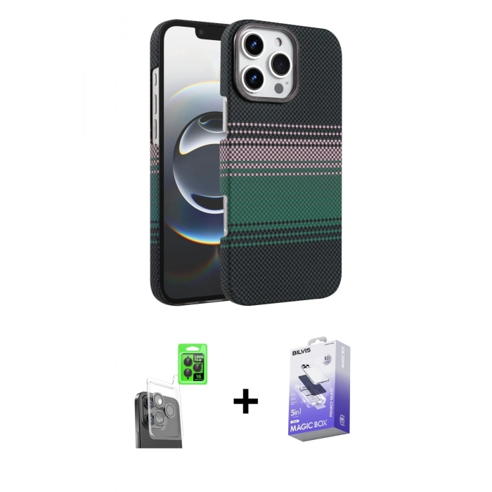 MARSİLYAN™- iPhone 16 Pro Kılıf Doruk Serisi - Siyah Bilvis 5in1 5D Magic Hayalet Cam Ekran Koruyucu + Raze Metal Kamera Lens - SH