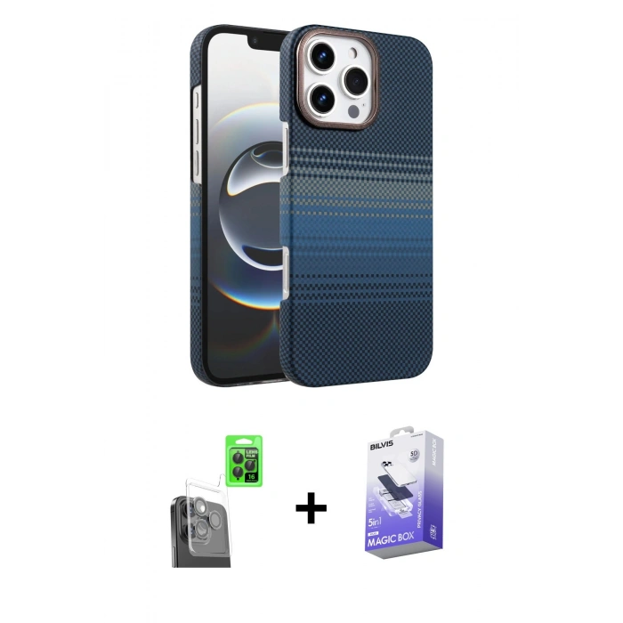 MARSİLYAN™- iPhone 16 Pro Kılıf Doruk Serisi - Siyah Bilvis 5in1 5D Magic Hayalet Cam Ekran Koruyucu + Raze Metal Kamera Lens - SH