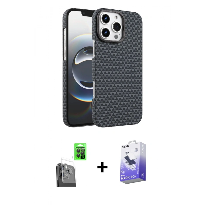MARSİLYAN™- iPhone 16 Pro Kılıf Doruk Serisi - Siyah Bilvis 5in1 5D Magic Hayalet Cam Ekran Koruyucu + Raze Metal Kamera Lens - SH