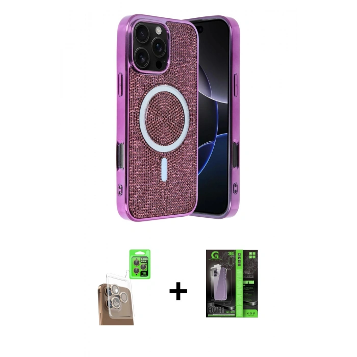 MARSİLYAN™- iPhone 16 Pro Kılıf Eksen Çizgi - Şeffaf 360 Full Body Arka Koruyucu + Çöl Titanyum Raze Metal Kamera Lens
