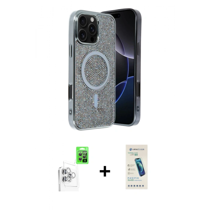 MARSİLYAN™- iPhone 16 Pro Kılıf Eksen Çizgi - Şeffaf Pasifik Cam Ekran Koruyucu + Raze Metal Kamera Lens - BZ