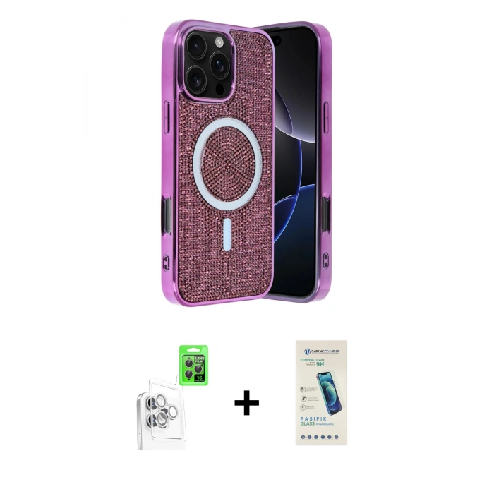 MARSİLYAN™- iPhone 16 Pro Kılıf Eksen Çizgi - Şeffaf Pasifik Cam Ekran Koruyucu + Raze Metal Kamera Lens - BZ