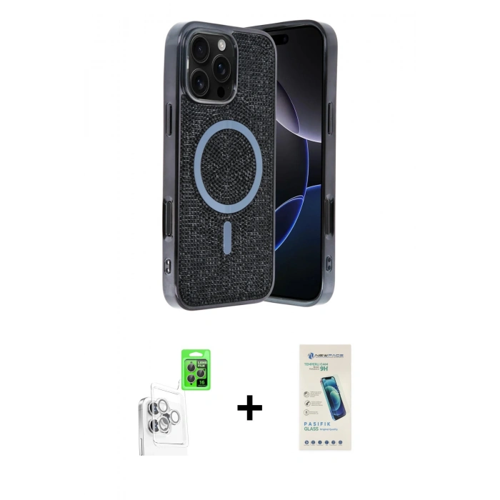 MARSİLYAN™- iPhone 16 Pro Kılıf Eksen Çizgi - Şeffaf Pasifik Cam Ekran Koruyucu + Raze Metal Kamera Lens - BZ