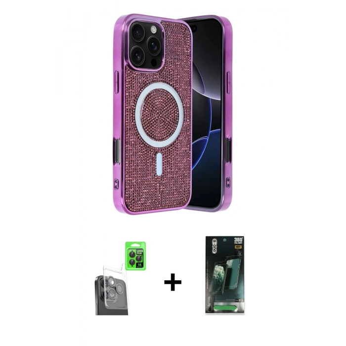 MARSİLYAN™- iPhone 16 Pro Kılıf Eksen Çizgi - Siyah 360 Mat Full Body Arka Koruyucu + Raze Metal Kamera Lens - SH