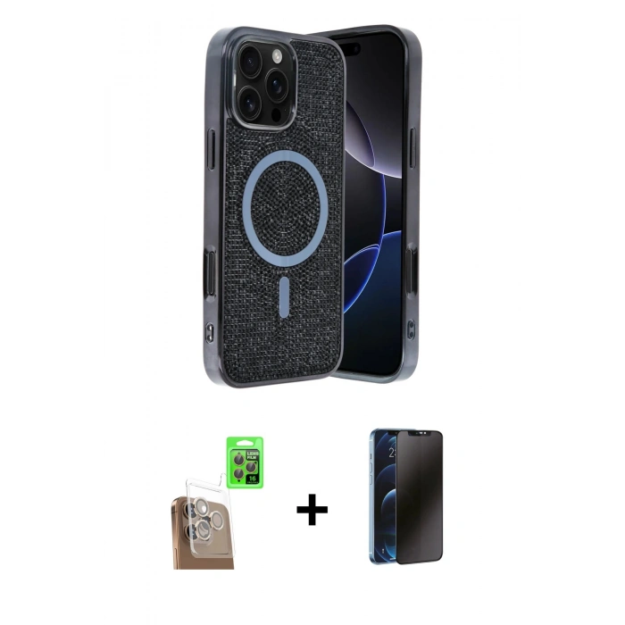 MARSİLYAN™- iPhone 16 Pro Kılıf Eksen Çizgi - Siyah 3D Antistatik Hayalet Cam Ekran Koruyucu + Raze Metal Kamera Lens - CLTM