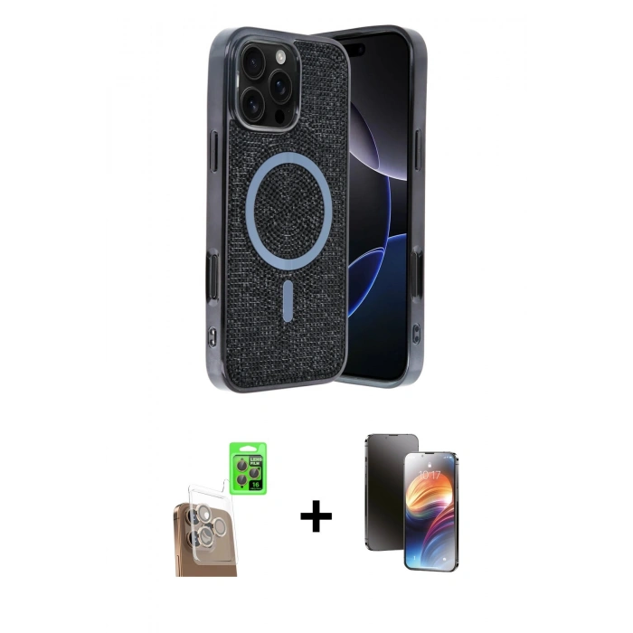 MARSİLYAN™- iPhone 16 Pro Kılıf Eksen Çizgi - Siyah 3D Antistatik Mat Seramik Nano Ekran Koruyucu + Raze Metal Kamera Lens - CLTM