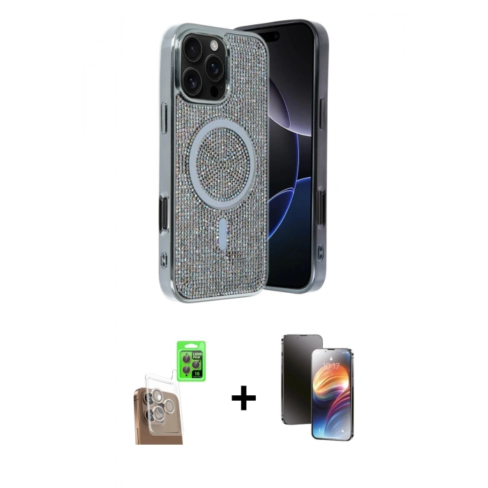 MARSİLYAN™- iPhone 16 Pro Kılıf Eksen Çizgi - Siyah 3D Antistatik Mat Seramik Nano Ekran Koruyucu + Raze Metal Kamera Lens - CLTM