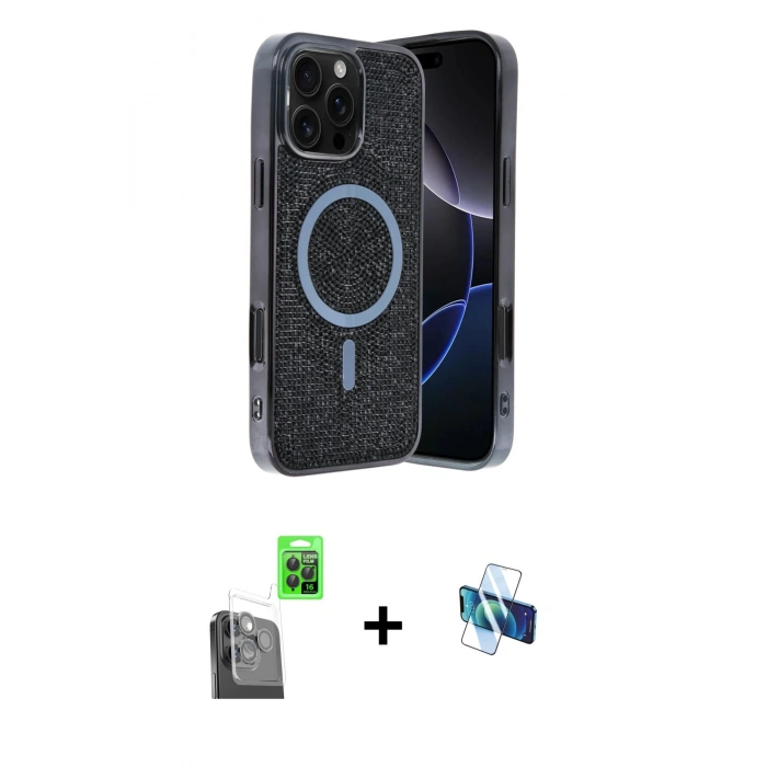 MARSİLYAN™- iPhone 16 Pro Kılıf Eksen Çizgi - Siyah 3D Antistatik Seramik Nano Ekran Koruyucu + Siyah Raze Metal Kamera Lens