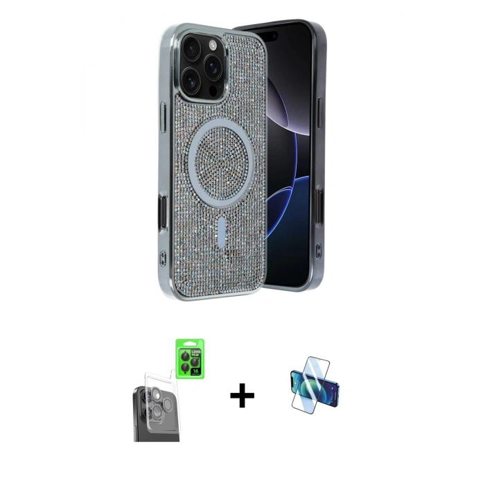 MARSİLYAN™- iPhone 16 Pro Kılıf Eksen Çizgi - Siyah 3D Antistatik Seramik Nano Ekran Koruyucu + Siyah Raze Metal Kamera Lens