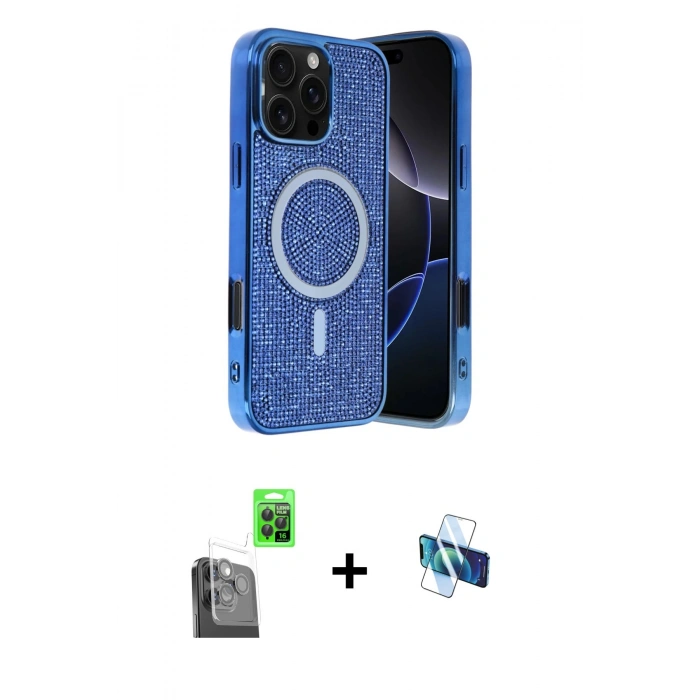 MARSİLYAN™- iPhone 16 Pro Kılıf Eksen Çizgi - Siyah 3D Antistatik Seramik Nano Ekran Koruyucu + Siyah Raze Metal Kamera Lens