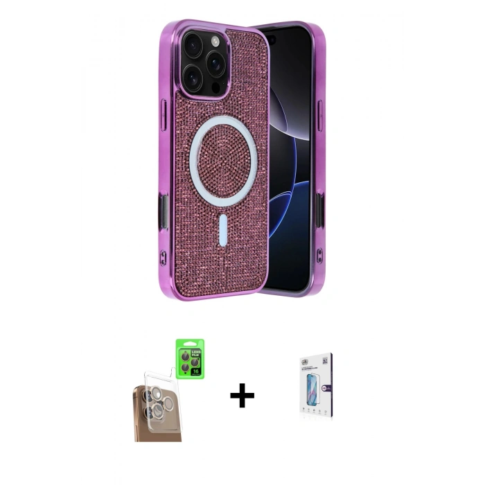 MARSİLYAN™- iPhone 16 Pro Kılıf Eksen Çizgi - Siyah Bilvis 0.18mm Plus Cam Ekran Koruyucu + Raze Metal Kamera Lens - CLTM