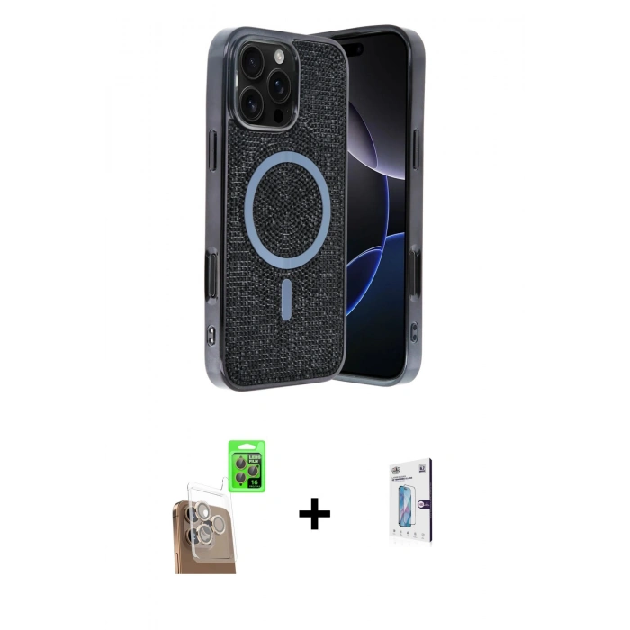 MARSİLYAN™- iPhone 16 Pro Kılıf Eksen Çizgi - Siyah Bilvis 0.18mm Plus Cam Ekran Koruyucu + Raze Metal Kamera Lens - CLTM