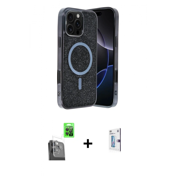 MARSİLYAN™- iPhone 16 Pro Kılıf Eksen Çizgi - Siyah Bilvis 0.18mm Plus Cam Ekran Koruyucu + Raze Metal Kamera Lens - SH