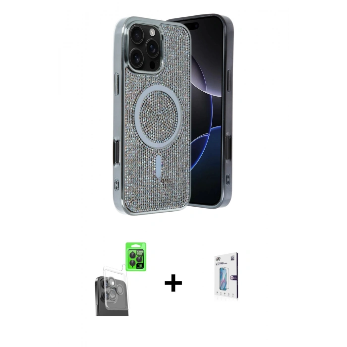 MARSİLYAN™- iPhone 16 Pro Kılıf Eksen Çizgi - Siyah Bilvis 0.18mm Plus Cam Ekran Koruyucu + Raze Metal Kamera Lens - SH