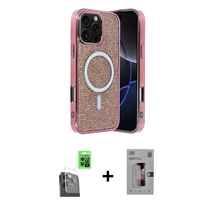 MARSİLYAN™- iPhone 16 Pro Kılıf Eksen Çizgi - Siyah Bilvis 3D Mat Cam Ekran Koruyucu + Raze Metal Kamera Lens - SH