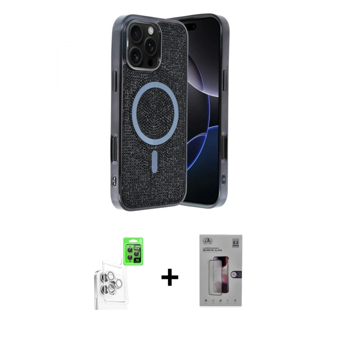 MARSİLYAN™- iPhone 16 Pro Kılıf Eksen Çizgi - Siyah Bilvis 3D Mat Cam Ekran Koruyucu + Raze Metal Kamera Lens - BZ