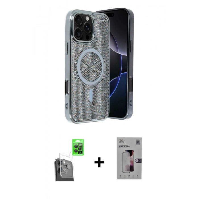 MARSİLYAN™- iPhone 16 Pro Kılıf Eksen Çizgi - Siyah Bilvis 3D Mat Cam Ekran Koruyucu + Raze Metal Kamera Lens - SH