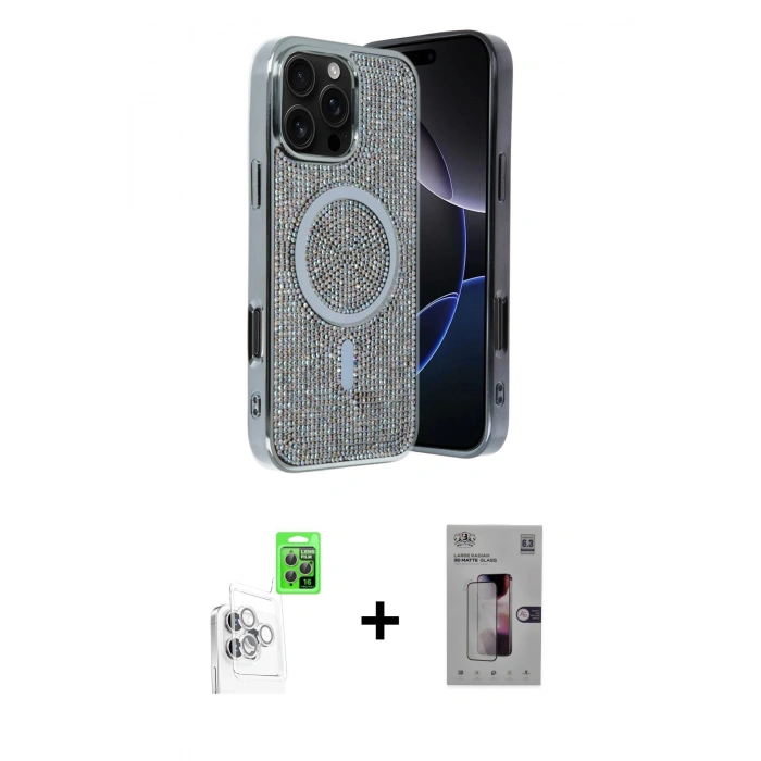 MARSİLYAN™- iPhone 16 Pro Kılıf Eksen Çizgi - Siyah Bilvis 3D Mat Cam Ekran Koruyucu + Raze Metal Kamera Lens - BZ