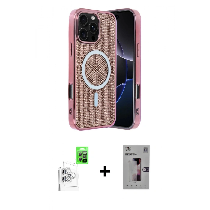MARSİLYAN™- iPhone 16 Pro Kılıf Eksen Çizgi - Siyah Bilvis 3D Mat Cam Ekran Koruyucu + Raze Metal Kamera Lens - BZ