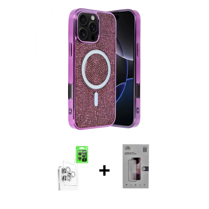 MARSİLYAN™- iPhone 16 Pro Kılıf Eksen Çizgi - Siyah Bilvis 3D Mat Cam Ekran Koruyucu + Raze Metal Kamera Lens - BZ