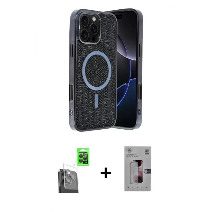 MARSİLYAN™- iPhone 16 Pro Kılıf Eksen Çizgi - Siyah Bilvis 3D Mat Cam Ekran Koruyucu + Raze Metal Kamera Lens - SH