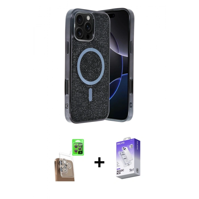 MARSİLYAN™- iPhone 16 Pro Kılıf Eksen Çizgi - Siyah Bilvis 5in1 3D Magic Cam Ekran Koruyucu + Raze Metal Kamera Lens - CLTM