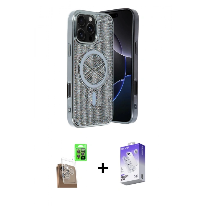MARSİLYAN™- iPhone 16 Pro Kılıf Eksen Çizgi - Siyah Bilvis 5in1 3D Magic Cam Ekran Koruyucu + Raze Metal Kamera Lens - CLTM
