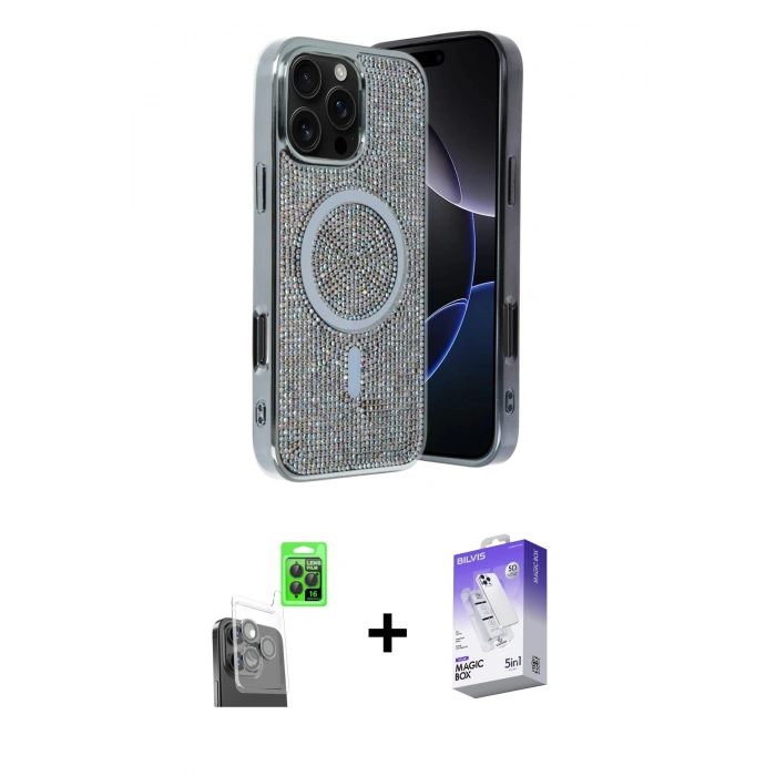 MARSİLYAN™- iPhone 16 Pro Kılıf Eksen Çizgi - Siyah Bilvis 5in1 3D Magic Cam Ekran Koruyucu + Raze Metal Kamera Lens - SH